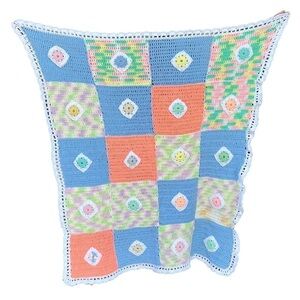 Hand Crocheted 3D Flower Baby Afghan Blanket Pastel Squares Scallop Edge 43x36